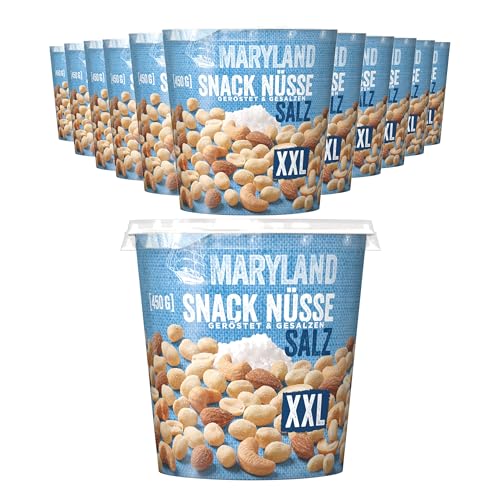 Maryland Snack Nüsse geröstet & gesalzen XXL 12 x 450g Becher - Erdnüsse, Cashewkerne und Mandeln in Nussmischung - klassisch geröstet & gesalzen - wiederverschließbarer Becher (12 x 450 g XXL) von Maryland