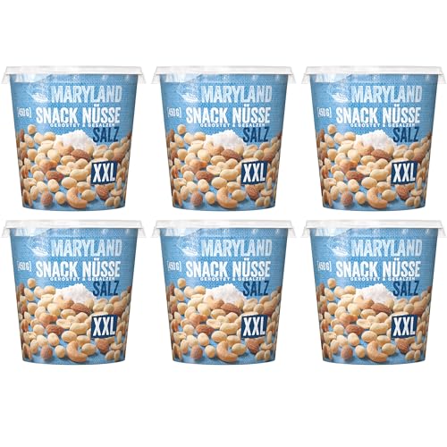 Maryland Snack Nüsse geröstet & gesalzen XXL 6 x 450g Becher - Erdnüsse, Cashewkerne und Mandeln in Nussmischung - klassisch geröstet & gesalzen - wiederverschließbarer Becher (6 x 450 g XXL) von Maryland