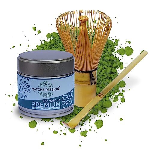 MATCHA PASSION Bio Matcha Premium 30g Pulver mit Bambusbesen & Bambuslöffel - Zeremonie Qualität Kagoshima Japan - purer Genuß für Tee-Zeremonie Vegan Superfood von Matcha Passion