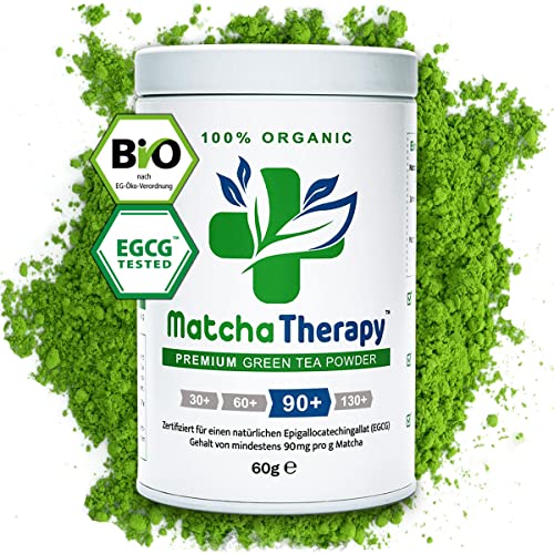 MatchaTherapy 90+ | BIO Matcha Tee Pulver | 60g | Mit mindestens 90mg/g geprüftem EGCG-Catechin-Gehalt | Unterstützt Immunsystem & Energie-Level | Ceremonial Grade | Grüntee aus Japan von MatchaTherapy