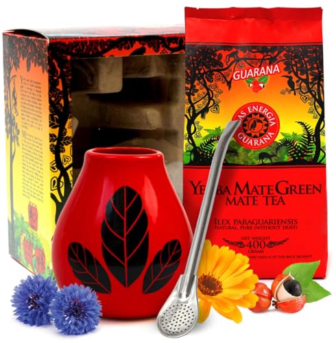 Geschenkset Mate Green yerba mate-tee Mas Energia Guarana mit guarana 400g | Hoja Rot mate-tee becher 350ml kearmik tassen | Edelstahl trinkhalm bombilla 19cm | Geschenkset von bester Qualität Mate von Mate Green