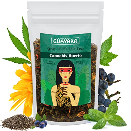 Guayusa Tee | Cannabis Huerto 200g | Kaffee Alternative | Mischung enthält Guayusa, Pfefferminze, Johannisbeerblätter, Konponamehl, Ringelblumenblüten, Schlehe, Chiasamen und natürliche Aromen von Mate Green