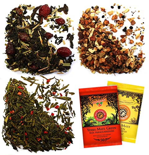 LARGE SET drei Sorten Tee 3x50g + zwei verschiedene Sorten brasilianischer Mate-Tee 2x50g, verschiedene Geschmacksrichtungen von Mate Green