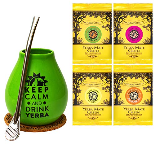 Mate Green Mate Becher Starter Set ● Idealer 350ml Keramikbecher für Yerba Mate mit Strohhalm und Mate Tee Proben. Ein Beutel für eine Portion. 4 Beutel zu 50 Gramm von Mate Green