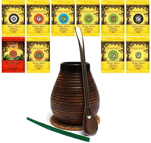 Mate Green Yerba Single Set | 10x50g | Ceramic Honey Cup 350ml | Bombilla Liza 19 cm | Cork coaster | Cleaning brush, 600 g von Mate Green