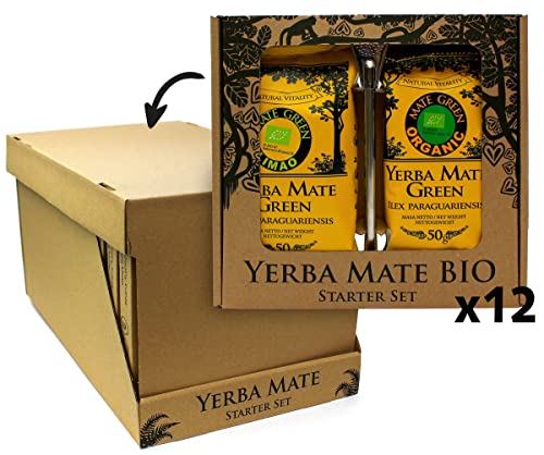 Mate Green Yerba mate tee set 12x118g ● Mate Organic set ● Mate tee bio mit Zitrone ● Mate bio tee ● luftgetrocknet ● edelstahl trinkhalm bombilla ● Traditionell geerntet, ohne Rauch getrocknet von Mate Green