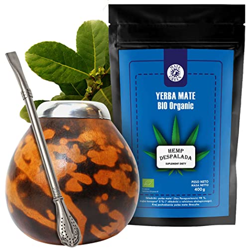 Mate Tee BIO Set Kalebasse 400g | Yerba Mate-Tee Mate Green BIO Hemp Despalada Sin Palo | Mate Tee Tasse Kalebasse Misterio LARGE | Trinkhalm Bombilla Sortija 19cm | Yerba Mate-Tee loose leaf 0,4kg von Mate Green