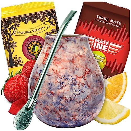 Mate-Tee Mate Green Set | Keramik Mate Tee Tasse Caleidoscope becher 350ml | Brasilian Yerba Mate-Tee 2x50g mit Frucht und Krauter loose leaf | Stahl Trinkhalm Bombilla von Mate Green