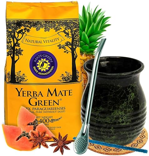 YErba Mate-Tee Starter BRAVE Set | Brasilian mate tee BRAVE Ashwagandha mit Krauter | Keramik tee tasse Roches mate-tee becher | Stahl Trinkhalm Bombilla | Yerba mate tee loose leaf 400g von Mate Green