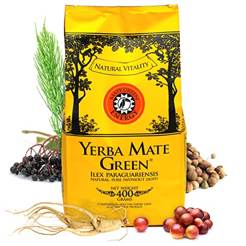 Yerba Mate Green 'Energy' Brasilianischer Mate-Tee 400g | Leicht Süß und Sauer Mate Tee | mit Sibirische Ginsengwurzel, Holunderfrüchte, Feldschachtelhalm, grüner Tee Gunpowder von Mate Green