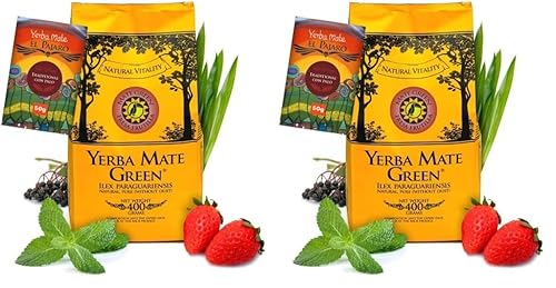 Yerba Mate Green 'Fresa Frutilla' 400g | Brasilianischer Mate-Tee mit Erdbeerfrüchten, Minze, Zitronengras und Holunderfrüchten | Natürliche Zutaten | Lose grüne Mateblätter | 50g El Pajaro von Mate Green