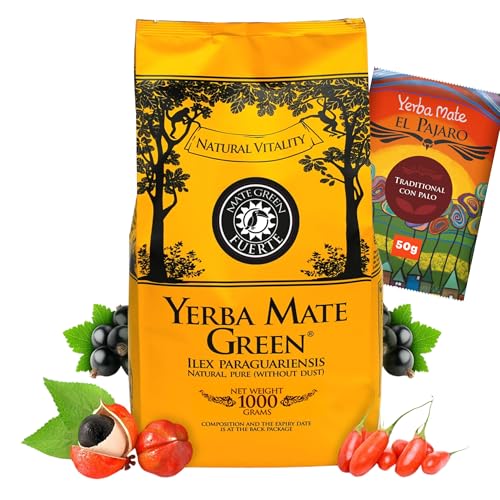 Yerba Mate Green Fuerte 1kg ● Brasilianischer Mate tee mit Kräutern ● Goji-Beeren ● Minze ● Guarana ● Vegan ● Glutenfrei ● Laktosefrei ● Paraguayischer Matetee El Pajaro 50g von Mate Green