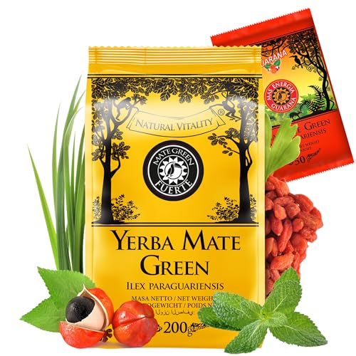 Yerba Mate Green Fuerte 200g ● Brasilianischer Matetee mit Kräutern ● Goji-Beeren ● Minze ● Guarana ● Vegan ● Glutenfrei ● Laktosefrei ● Starker brasilianischer Mate Green Mas Energia Guarana 50g von Mate Green