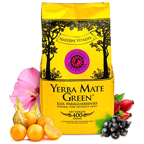 Yerba Mate Green 'Oriental' Brasilianischer Mate-Tee 400g | Blumig-Fruchtiges Mate Tee | mit Hagebutte, Hibiskus, schwarze Johannisbeerfrucht, peruanischer Kap, Orangenschale, natürliches Aroma von Mate Green