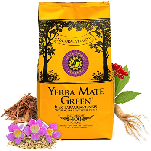 Yerba Mate Green 'Potente' 400g | Brasilianischer Mate-Tee mit Catuaba-Rinde, sibirischer Ginsengwurzel, Lapacho-Rinde und Muira Puama | Natürliche Inhaltsstoffe | Lose grüne Mateblätter von Mate Green