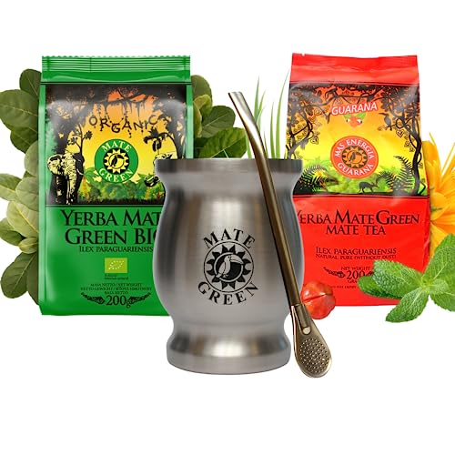 Yerba Mate-Tee MATE GREEN Starter Set | Mate Tee mit Guarana 200g | Yerba Mate Tee BIO 200g | Stahl mate-tee tassen Tremomate Silver dishwasher save becher 220ml | Edeltahl Trinkhalm 19cm von Mate Green