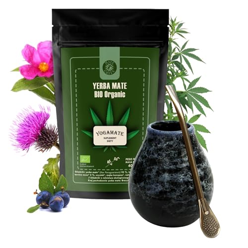 Yerba Mate Tee Mate Green BIO Set | Brasilianische yerba mate-tee BIO Yogamate 400g mit Schlehenfrucht | Keramik mate becher Marmol 350ml | Edelstahl trinkhalm bombilla Liza 19cm von Mate Green