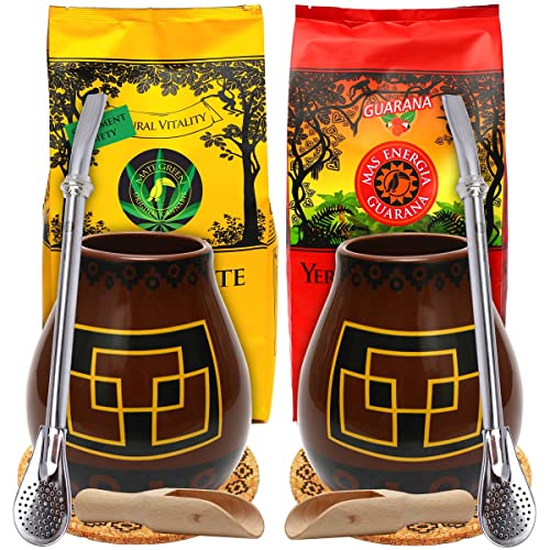 Yerba Mate-Tee Mate Green Set für Zwei ● Mate Tee mit Guarana 400g ● Yerba Mate-Tee mit Kräuter 400g ● Keramik mate-tee becher Peru 350ml ● Edelstahl trinkhalm Bombilla 19cm ● Matetee aus Mateblättern von Mate Green