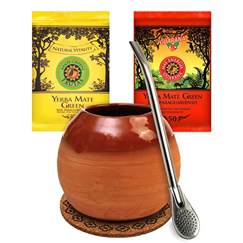 Yerba Mate Tee Set 100g | Yerba Mate Green Frutas 50g | Yerba Mate Green Mas Energia Guarana 50g | Matero Kalebasse Celestia 200-300 ml von Mate Green