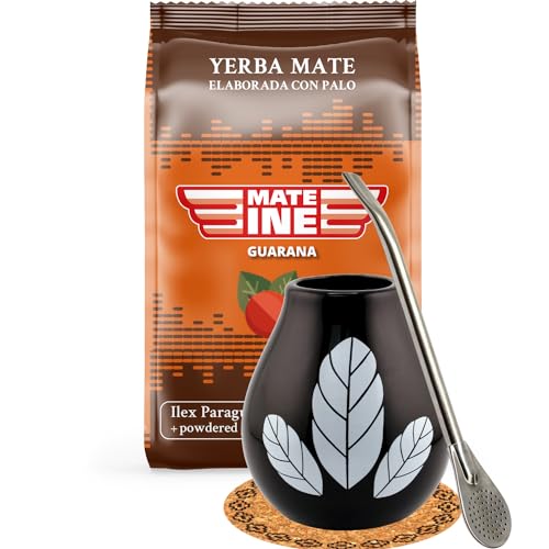 Yerba Mate-Tee Set ● Paraguayische Yerba Mate Mateine Guarana 500g ● Keramik mate-tee tasse Hoja Black 350ml ● Edelstahl trinkhalm Bombilla 19cm ● Korkpad von Mate Green