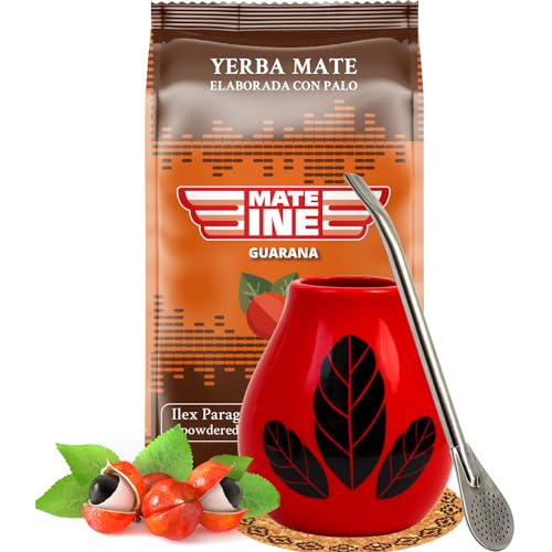 Yerba Mate-Tee Set ●Paraguayische Yerba Mate Mateine Guarana 500g● Keramik mate-tee tasse Hoja Red 350ml● Edelstahl trinkhalm Bombilla 19cm● Yerba-Mate-Tee-Strohhalm●Korkpad● Mate-Trinkgefäß von Mate Green