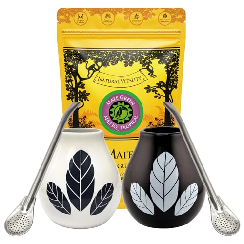 Yerba Mate-Tee Set für Zwei●Mate Green Mas IQ Tropical 500g●2x Keramik becher Hoja 350 ml mate tee tasse●2x Edeltahl trinkhalm Bombilla●Brasilien Mate-Tee mit Guarana●Stainless steel straw von Mate Green