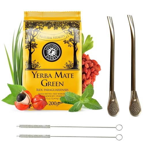 Yerba Mate Tee Set mit Mate Green Fuerte 200g und Accessories ● Brasilianischer Matetee mit Kräutern ● Goji-Beeren ● Minze ● Guarana ● Edelstahl trinkhalm Bombilla Liza und Sauberer von Mate Green