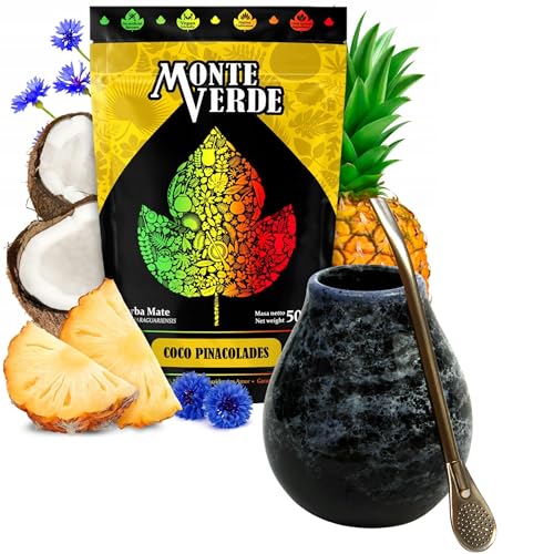 Yerba Mate-Tee Set mit Yerba Mate Monte Verde Coco PinaColades 500g ● Mate Tee mit Ananas und Kokosnuss ● Keramik mate-tee tasse Marmol 350ml ● Edelstahl Bombilla 19cm von Mate Green