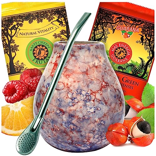 Yerba Mate Tee Starter Set | Brasilian Mate-Tee mit Guarana, Frucht und Krauters loose leaf 100g | Keramik Tee Tassen Mate-Tee becher Caleidoscope | Stahl Trinkhalm Bombilla 19cm von Mate Green