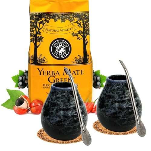 Yerba Mate Tee Starter Set fur Zwei mit Mate Green Fuerte 1kg ● Keramik mate becher Marmol 350ml ● Brasilianischer Matetee mit Kräutern ● Edelstahl trinkhalm Bombilla Liza und Korkpad von Mate Green