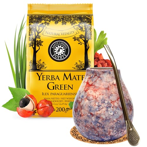 Yerba Mate Tee Starter Set mit Mate Green Fuerte 200g ● Keramik mate tee becher Caleidoscope 350ml ● Brasilianischer Matetee mit Kräutern ● Edelstahl trinkhalm Bombilla Liza und Korkpad von Mate Green