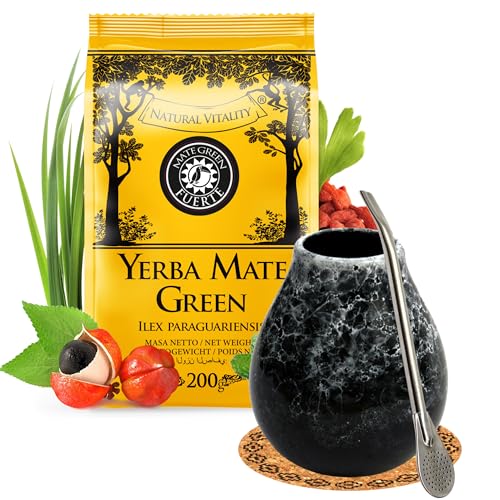 Yerba Mate Tee Starter Set mit Mate Green Fuerte 200g ● Keramik mate tee becher Marmol 350ml ● Brasilianischer Matetee mit Kräutern ● Edelstahl trinkhalm Bombilla Liza und Korkpad von Mate Green