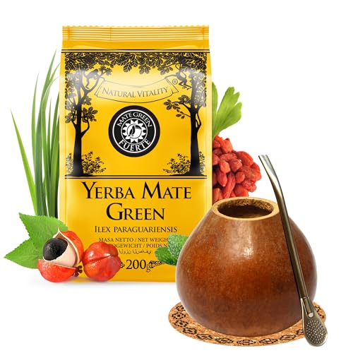 Yerba Mate Tee Starter Set mit Mate Green Fuerte 200g ● Naturlich Kalebasse Pumpkin ● Brasilianischer Matetee mit Kräutern ● Edelstahl trinkhalm Bombilla Liza und Korkpad von Mate Green