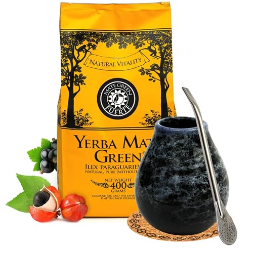 Yerba Mate Tee Starter Set mit Mate Green Fuerte 400g ● Keramik mate tee becher Marmol 350ml ● Brasilianischer Matetee mit Kräutern ● Edelstahl trinkhalm Bombilla Liza und Korkpad von Mate Green