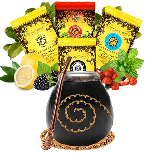 Yerba Mate Tee set mit natürlicher Kalebasse Caracas black ● Kürbistasse und Strohhalm Edelstahl Bombilla ● Yerba Mate Green 4x50g ● Mate Gourd Set von Mate Green