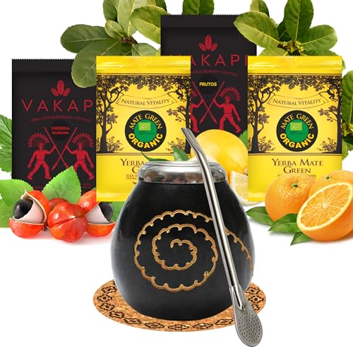 Yerba Mate Tee set mit natürlicher Kalebasse Caracas schwarz ● Kürbistasse und Strohhalm Edelstahl Bombilla ● Yerba Mate Green BIO 100g ● Starker Yerba Mate-Tee Vakapi 100g ● Mate Gourd Set von Mate Green