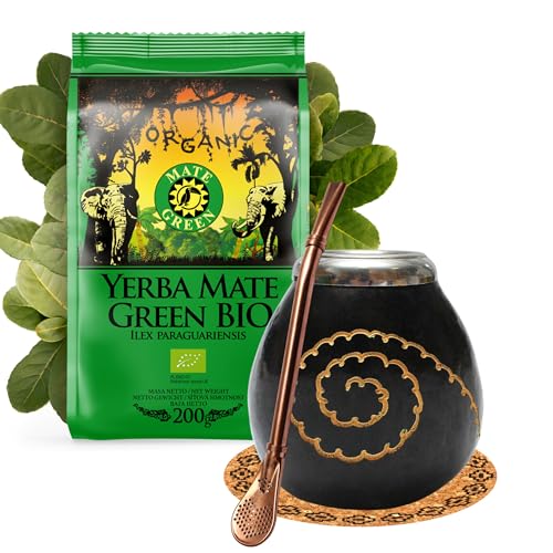 Yerba Mate Tee set mit natürlicher Kalebasse Caracas schwarz ● Kürbistasse und Strohhalm Edelstahl Bombilla ● Yerba Mate Green BIO 200 g ● Mate Gourd Set von Mate Green