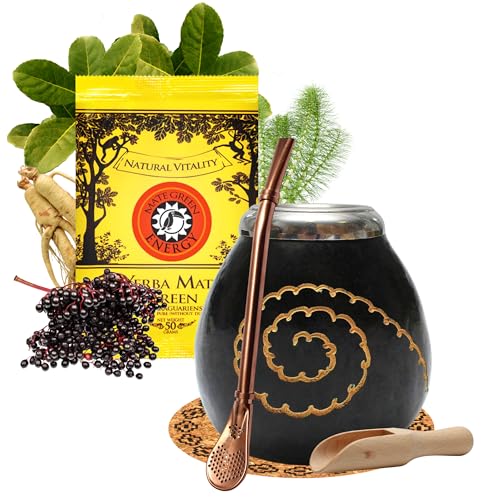 Yerba Mate Tee set mit natürlicher Kalebasse Caracas schwarz ● Kürbistasse und Strohhalm Edelstahl Bombilla ● Yerba Mate Green Energy 50g ● Mate Gourd Set ● Accessories von Mate Green