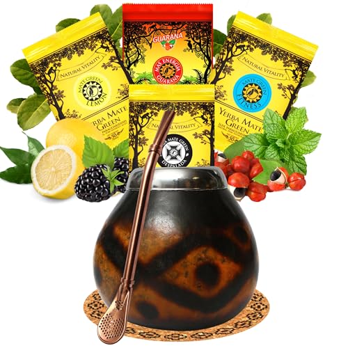 Yerba Mate Tee set mit natürlicher Kalebasse Diamante ● Kürbistasse und Strohhalm Edelstahl Bombilla ● Yerba Mate Green 4x50g ● Mate Gourd Set von Mate Green