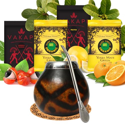 Yerba Mate Tee set mit natürlicher Kalebasse Diamante ● Kürbistasse und Strohhalm Edelstahl Bombilla ● Yerba Mate Green BIO 100g ● Starker Yerba Mate-Tee Vakapi 100g ● Mate Gourd Set von Mate Green