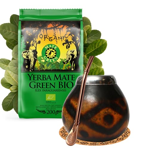 Yerba Mate Tee set mit natürlicher Kalebasse Diamante ● Kürbistasse und Strohhalm Edelstahl Bombilla ● Yerba Mate Green BIO 200 g ● Mate Gourd Set von Mate Green