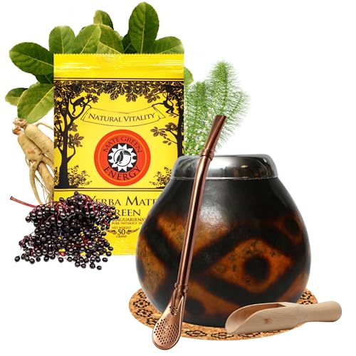 Yerba Mate Tee set mit natürlicher Kalebasse Diamante ● Kürbistasse und Strohhalm Edelstahl Bombilla ● Yerba Mate Green Energy 50g ● Mate Gourd Set ● Accessories von Mate Green