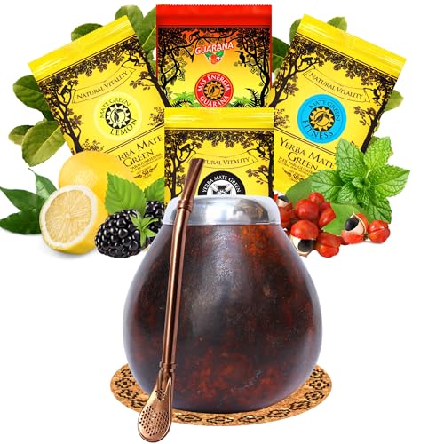 Yerba Mate Tee set mit natürlicher Kalebasse Larga ● Kürbistasse und Strohhalm Edelstahl Bombilla ● Yerba Mate Green 4x50g ● Mate Gourd Set von Mate Green