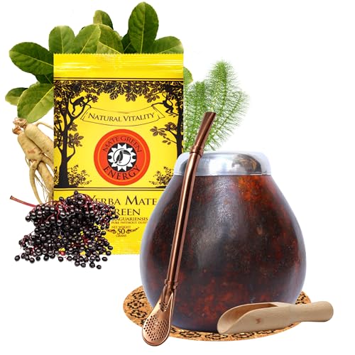 Yerba Mate Tee set mit natürlicher Kalebasse Larga ● Kürbistasse und Strohhalm Edelstahl Bombilla ● Yerba Mate Green Energy 50g ● Mate Gourd Set ● Accessories von Mate Green