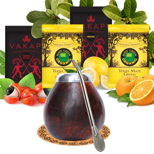 Yerba Mate Tee set mit natürlicher Kalebasse Mate Larga ● Kürbistasse und Strohhalm Edelstahl Bombilla ● Yerba Mate Green BIO 100g ● Starker Yerba Mate-Tee Vakapi 100g ● Mate Gourd Set von Mate Green