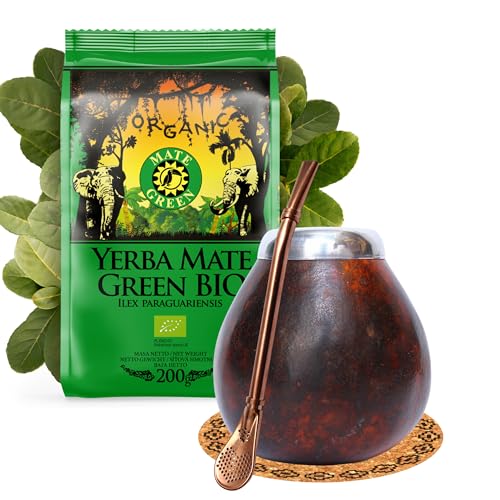 Yerba Mate Tee set mit natürlicher Kalebasse Mate Larga ● Kürbistasse und Strohhalm Edelstahl Bombilla ● Yerba Mate Green BIO 200 g ● Mate Gourd Set von Mate Green