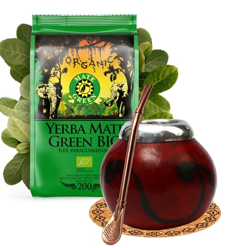 Yerba Mate Tee set mit natürlicher Kalebasse Misiones Bordo ● Kürbistasse und Strohhalm Edelstahl Bombilla ● Yerba Mate Green BIO 200 g ● Mate Gourd Set von Mate Green