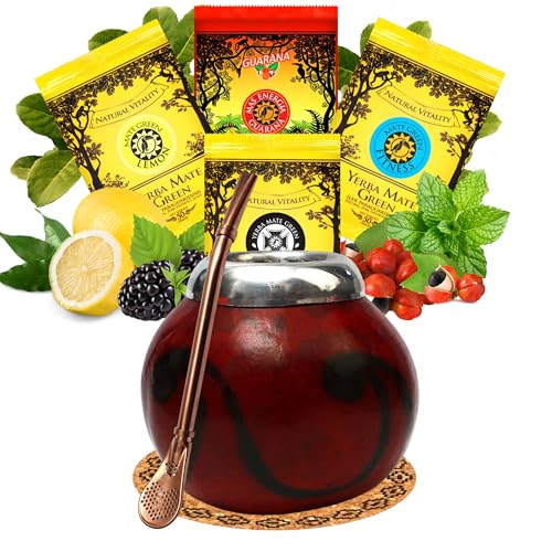 Yerba Mate Tee set mit natürlicher Kalebasse Misiones bordo ● Kürbistasse und Strohhalm Edelstahl Bombilla ● Yerba Mate Green 4x50g ● Mate Gourd Set von Mate Green