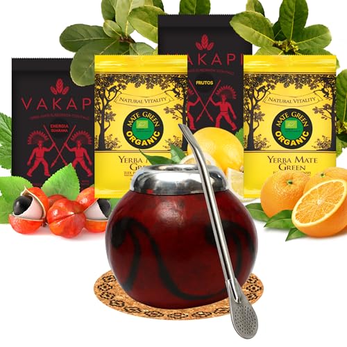 Yerba Mate Tee set mit natürlicher Kalebasse Misiones bordo ● Kürbistasse und Strohhalm Edelstahl Bombilla ● Yerba Mate Green BIO 100g ● Starker Yerba Mate-Tee Vakapi 100g ● Mate Gourd Set von Mate Green