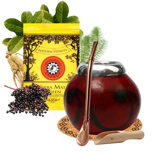 Yerba Mate Tee set mit natürlicher Kalebasse Misiones bordo ● Kürbistasse und Strohhalm Edelstahl Bombilla ● Yerba Mate Green Energy 50g ● Mate Gourd Set ● Accessories von Mate Green